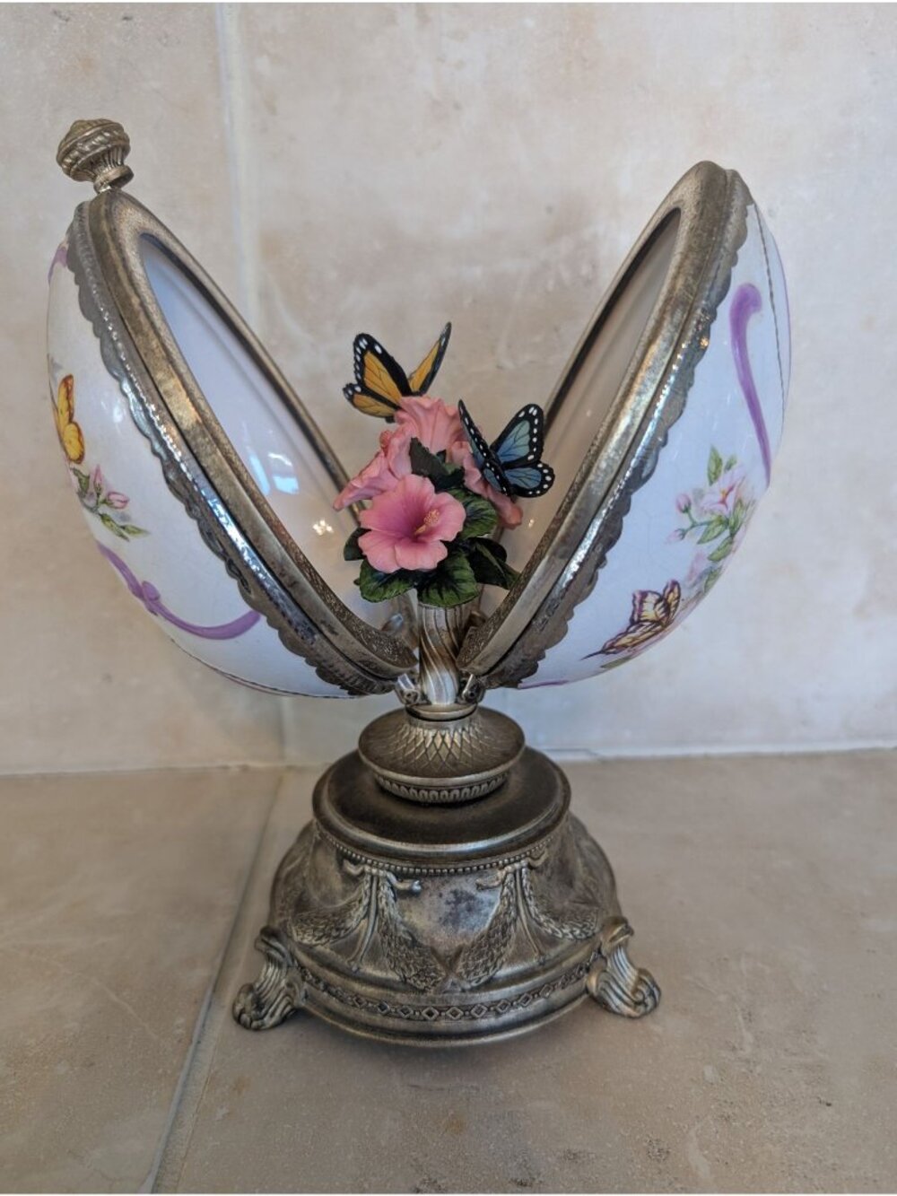 Faberge-inspired Musical Egg with Butterflies Plays "Waltz of the Flowers"
